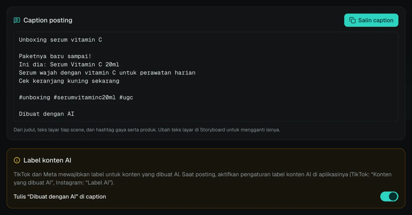 Caption posting dengan baris Dibuat dengan AI dan pengaturan label konten AI