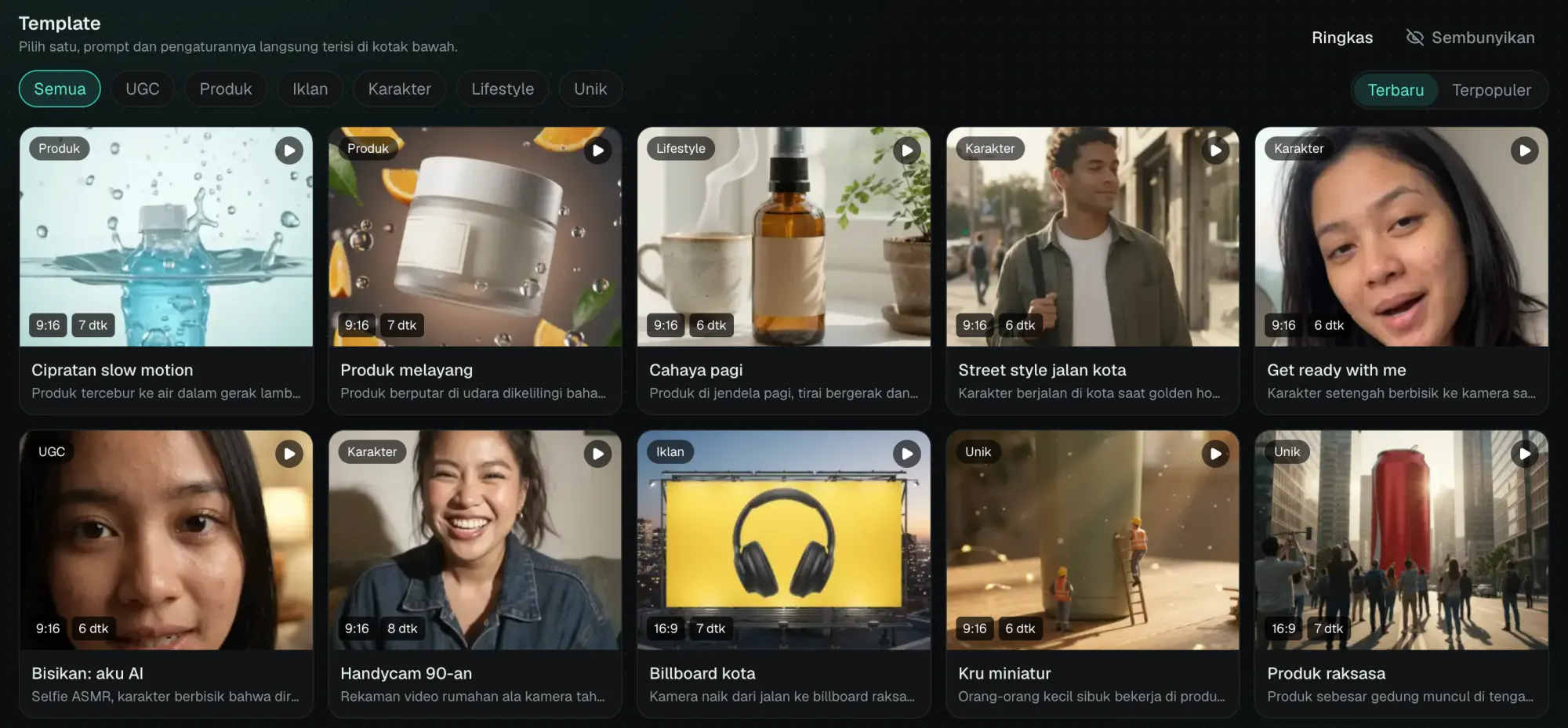 Galeri template video: cipratan slow motion, produk melayang, street style, billboard kota, dan lainnya
